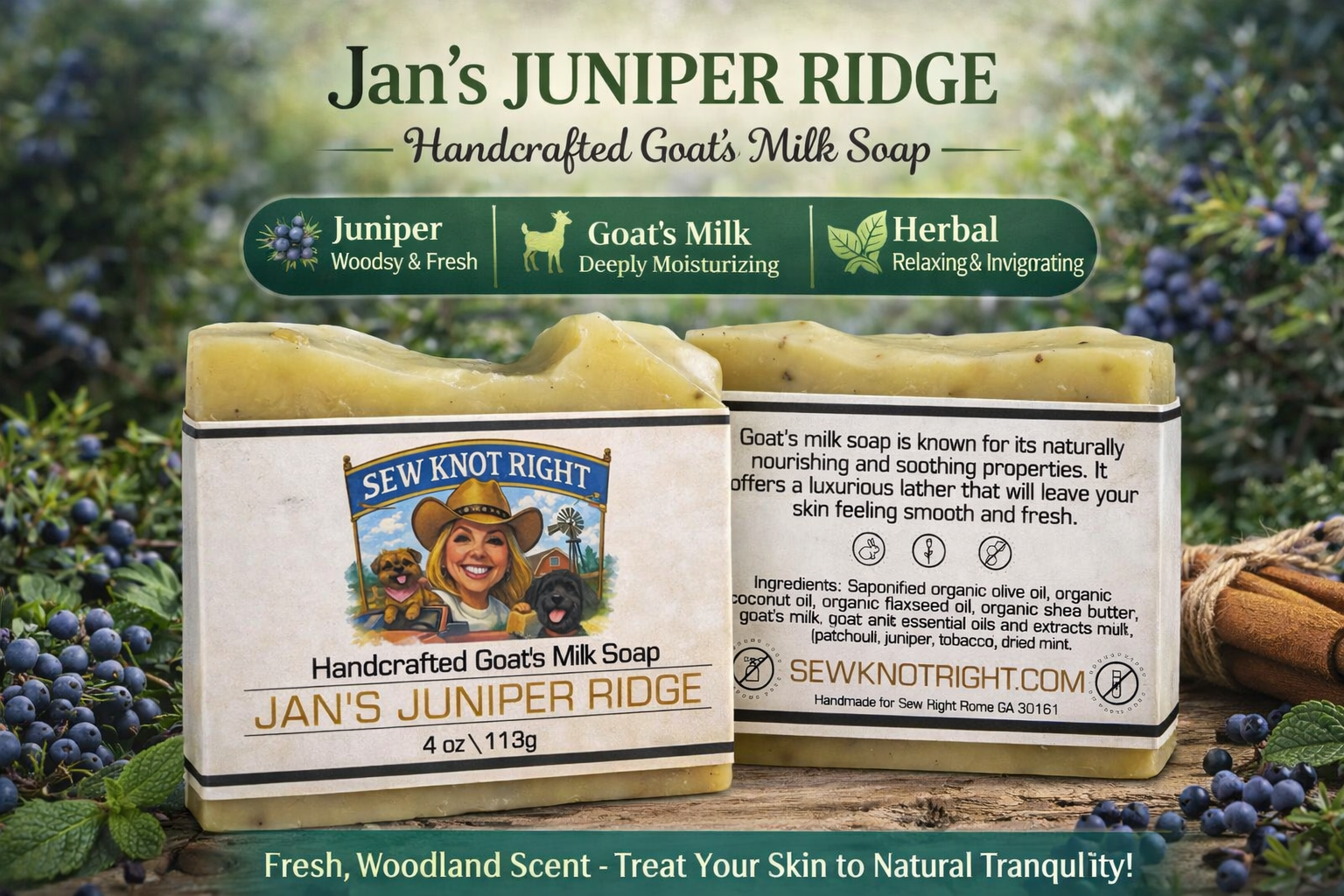Jan's Juniper Ridge Goat Milk Soap 4 oz Handmade Natural Herbal Moisturizing Bar