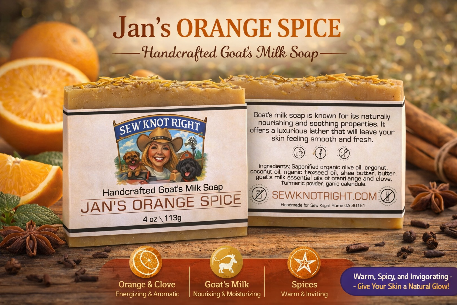 Jan's Orange Spice Goat Milk Soap 4 oz Handmade Natural Citrus Clove Bar