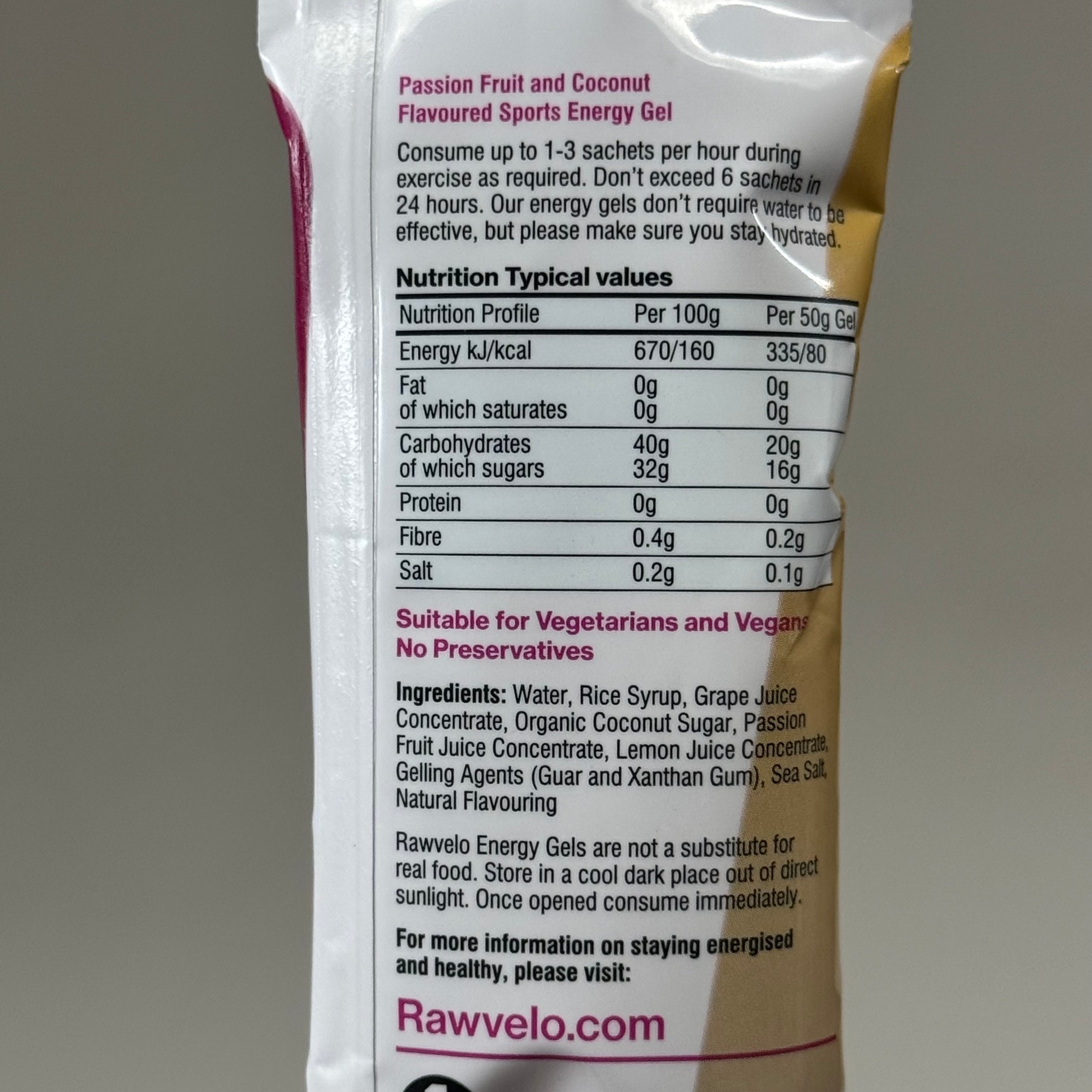 RAWVELO (12 Pack) Energy Gels All Natural Passionfruit & Coconut Cycling Hiking Running 04/26