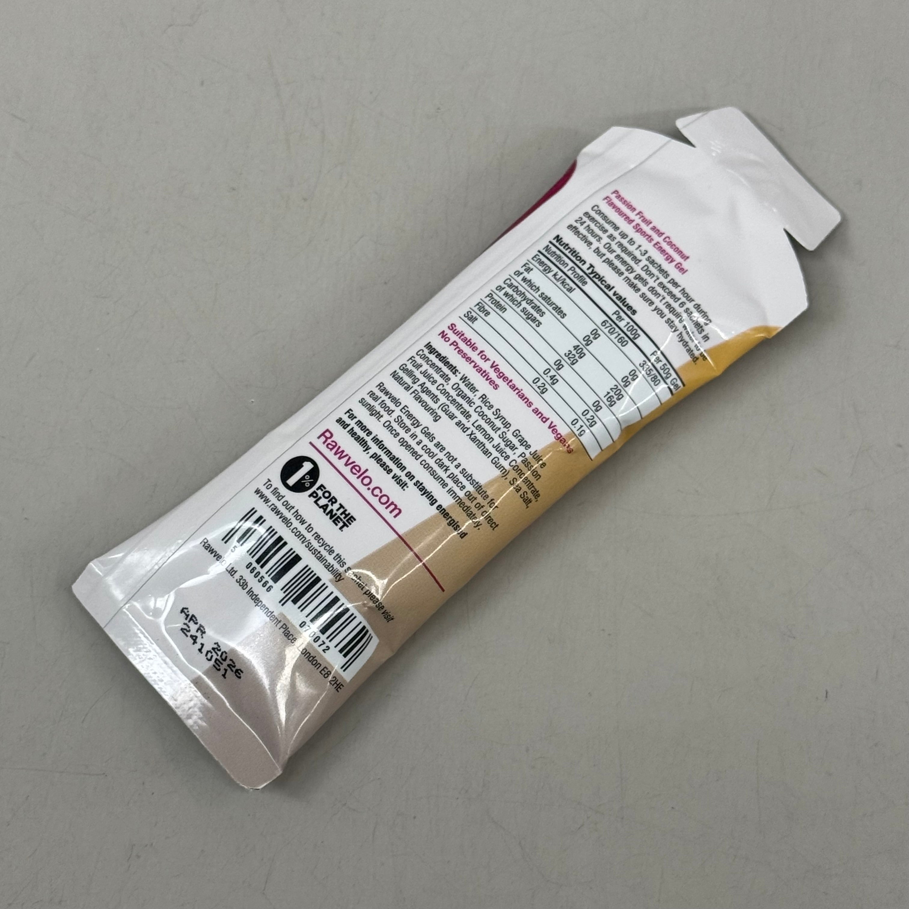 RAWVELO (12 Pack) Energy Gels All Natural Passionfruit & Coconut Cycling Hiking Running 04/26